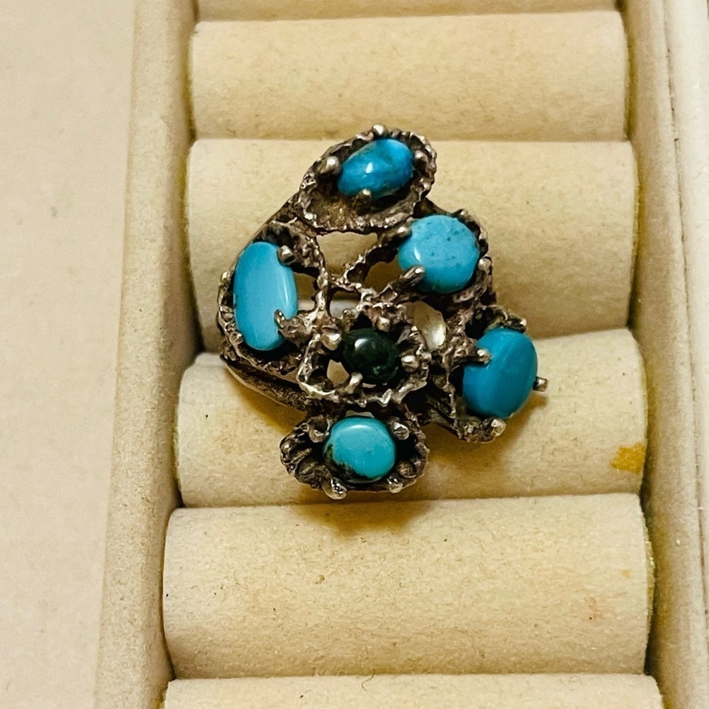 Vintage Southwest Sterling Silver Turquoise Cluster Ring Size 7
